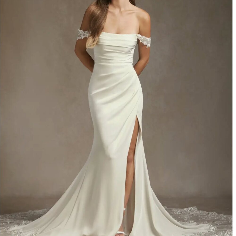 Azazie Cream Off-Shoulder Wedding Gown